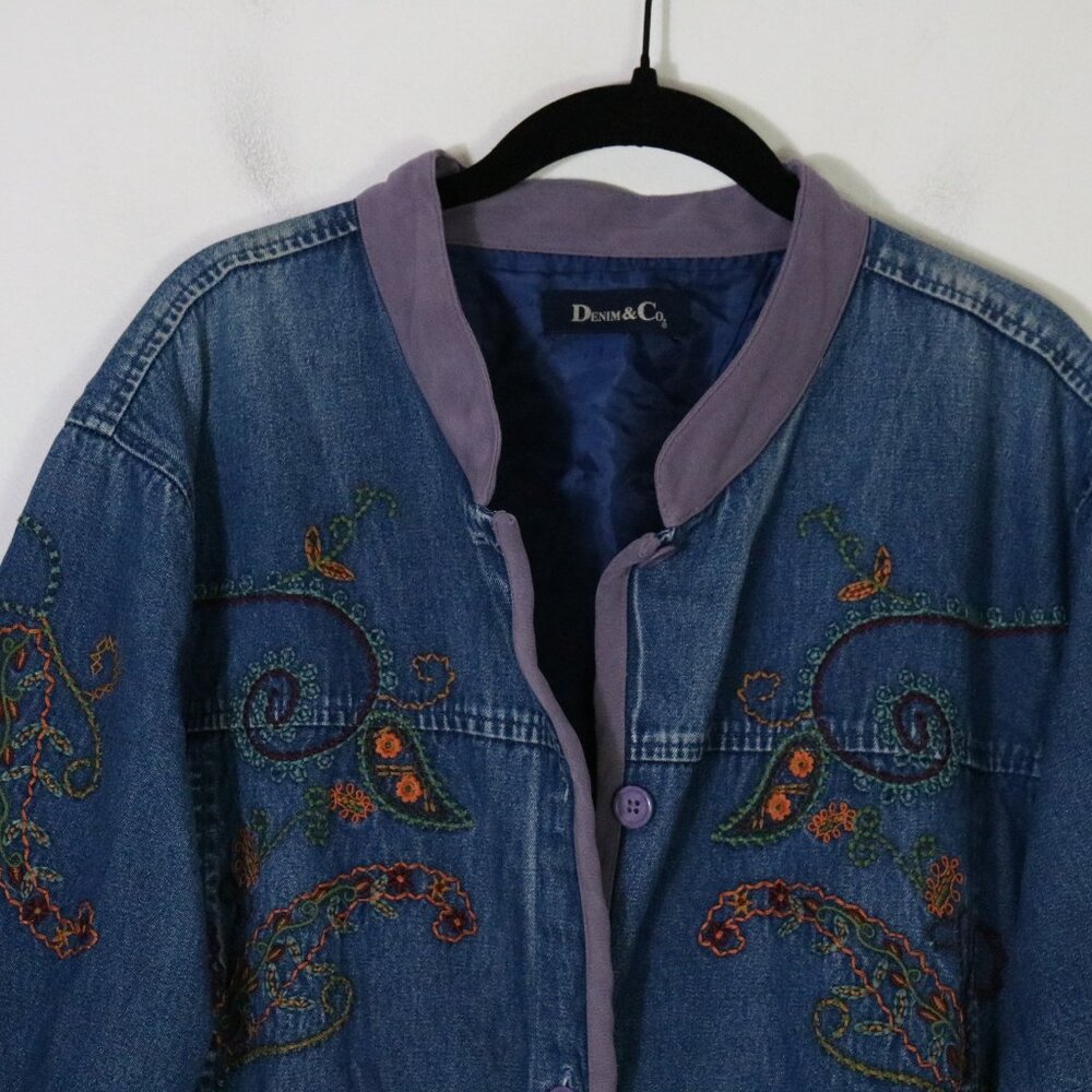 Vintage Denim Co Chore Jacket Womens XL Embroidered Paisley Boho Oversized Coat - Picture 2 of 6